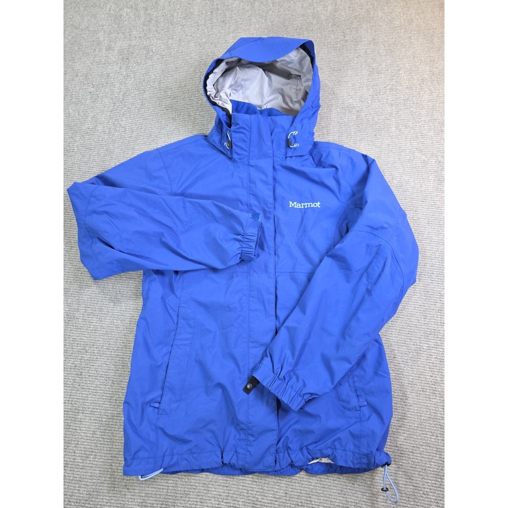 Marmot Womens Blue Hooded Zip Snap Rain Membrain Jacket Coat Logo Solid Size S